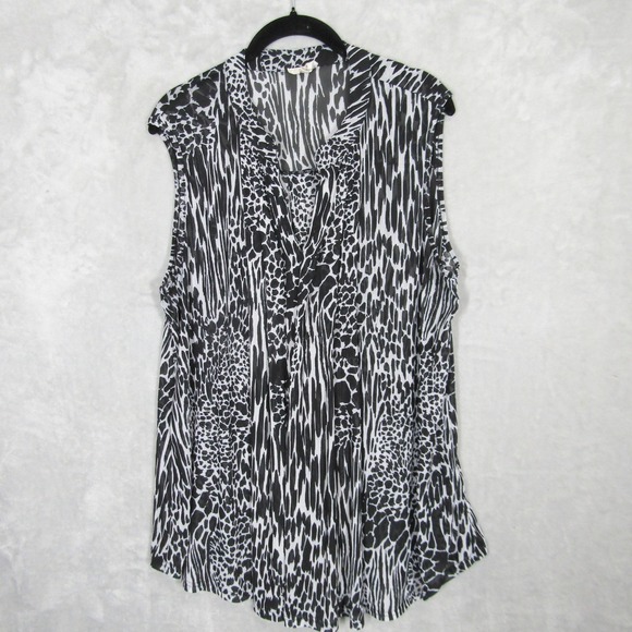 Ember Women's 2X Sleeveless Blouse Animal Print Black White Career Casual Sheer - Picture 1 of 9
